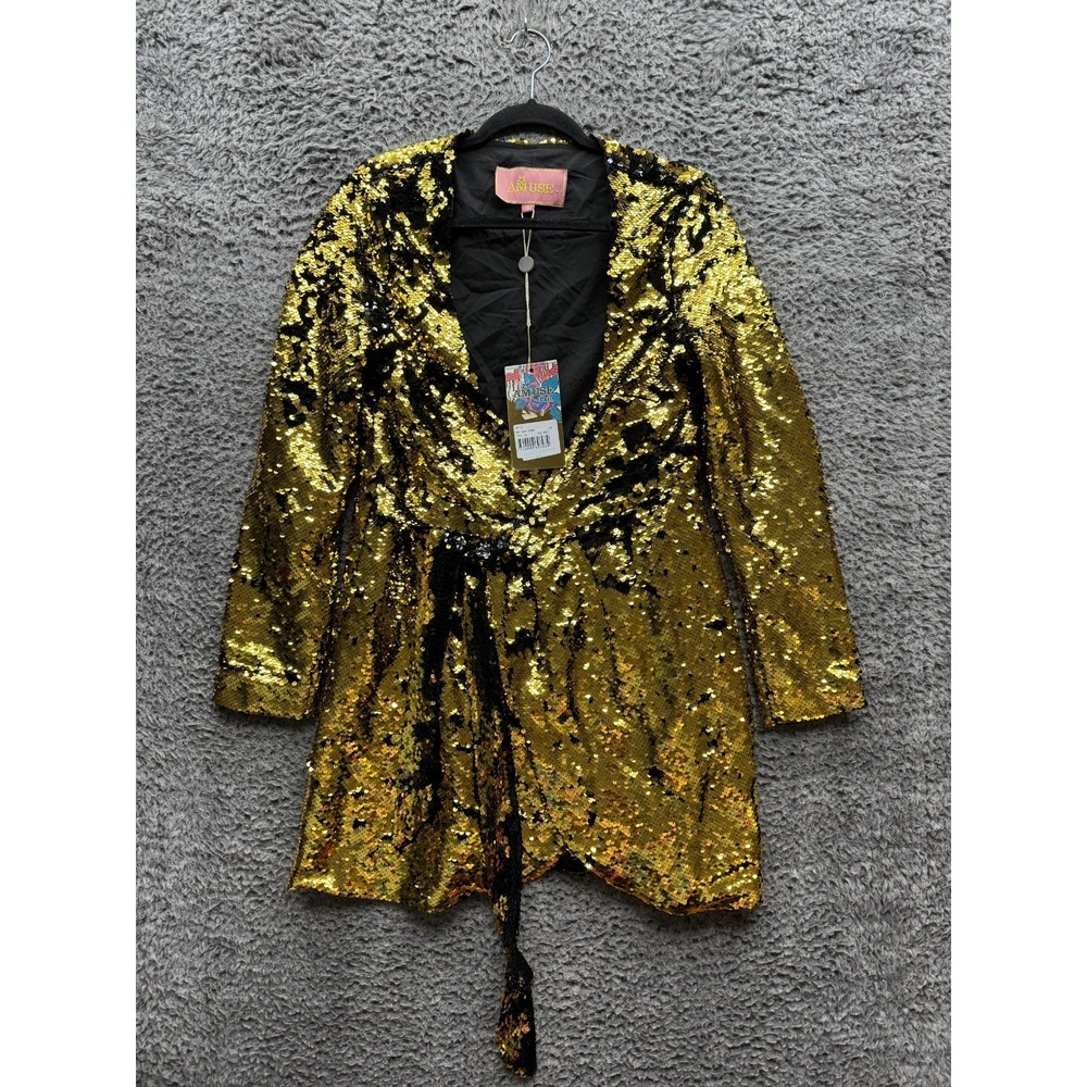 NWT Amuse By Patricia Forgeal Sequin Long Sleeve Wrap Dress Gold Womens Size S